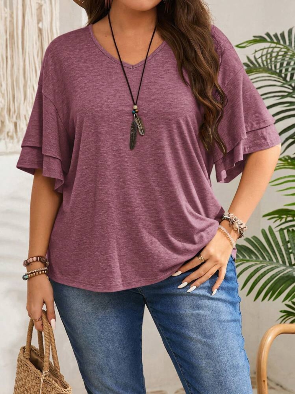 Women's V-Neck Ruffle Sleeve Top - Mauve